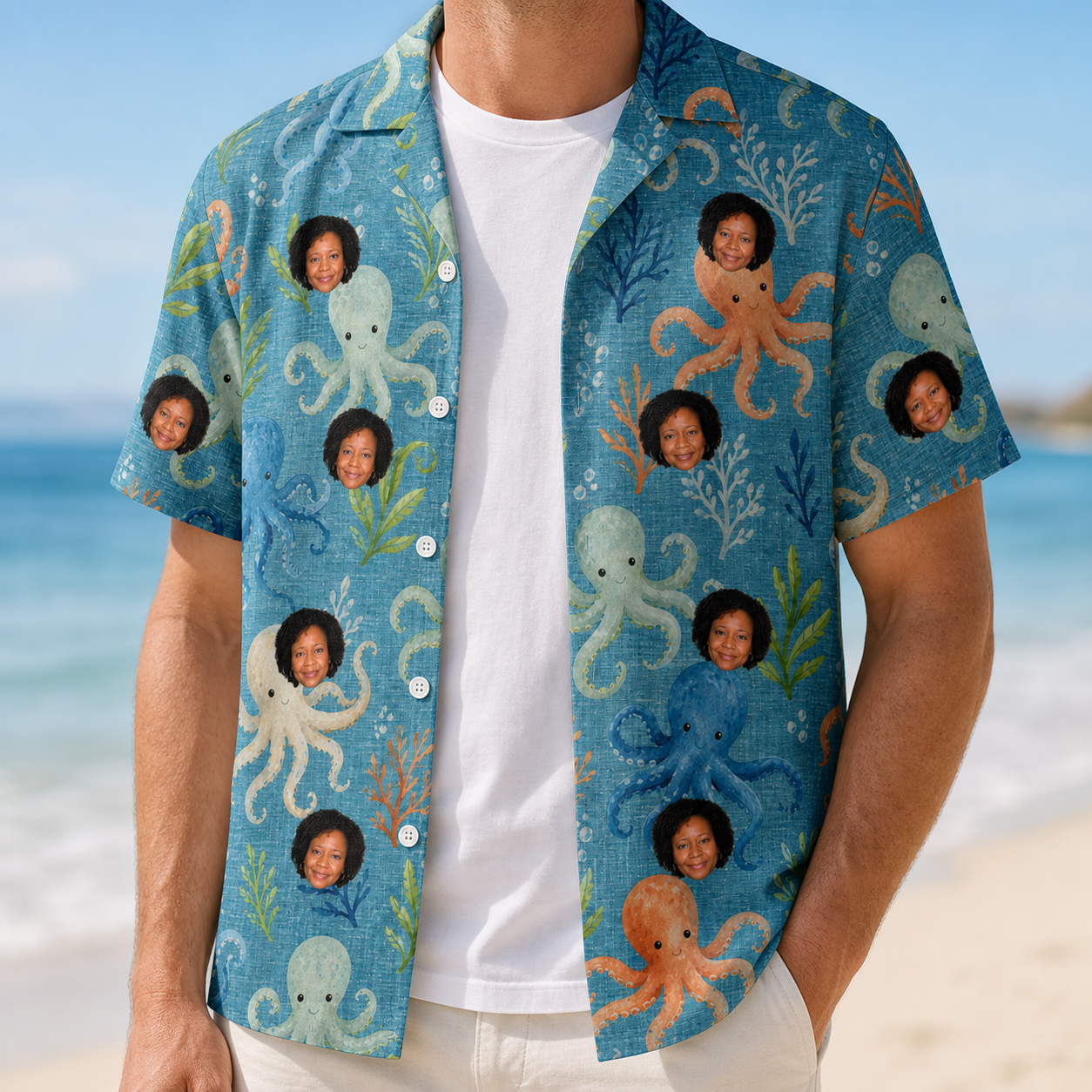 Man wearing Men's Octopus Ocean Custom Face Hawaiian Shirt open over a white tee