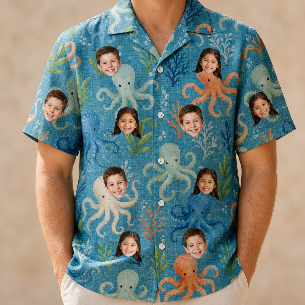 Model wearing Men's Octopus Ocean Custom Face Hawaiian Shirt printed with kids' faces