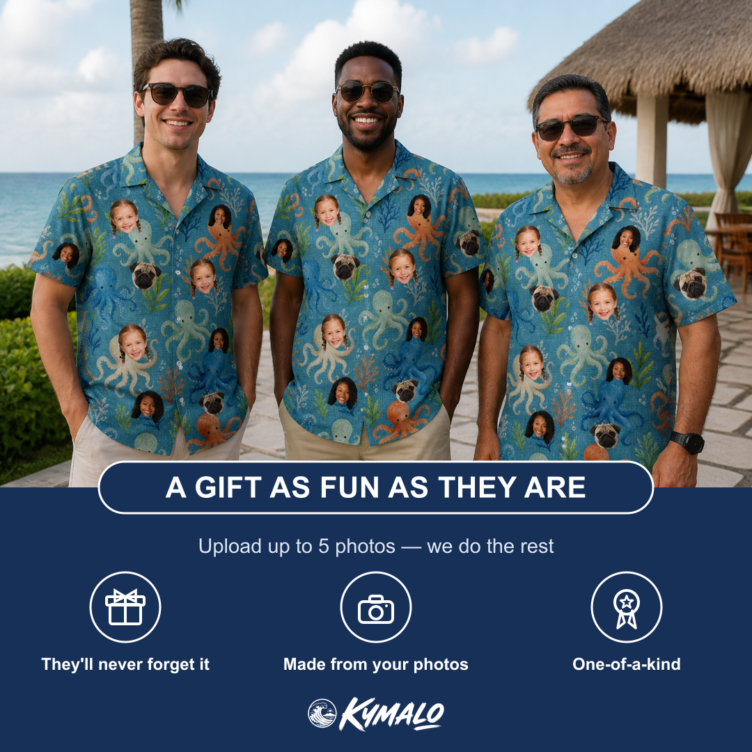 Friends in matching Men's Octopus Ocean Custom Face Hawaiian Shirt — a group gift photo