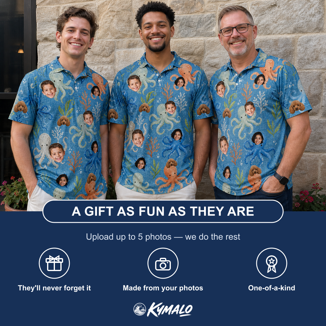 Friends in matching Men's Octopus Ocean Custom Face Polo Shirt — a group gift photo