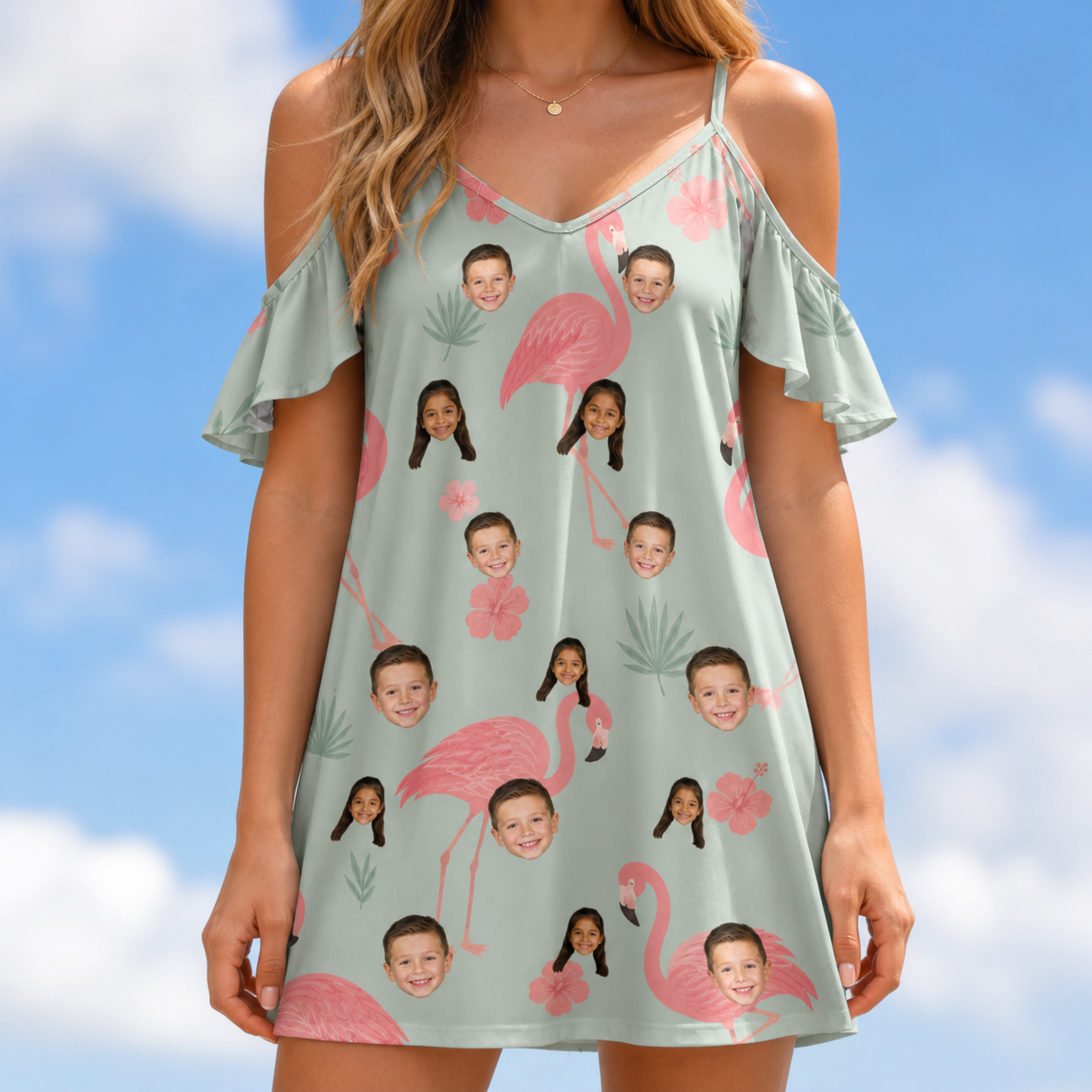 Model wearing Women's Salmon Soiree Custom Face Off-Shoulder Dress printed with kids' faces