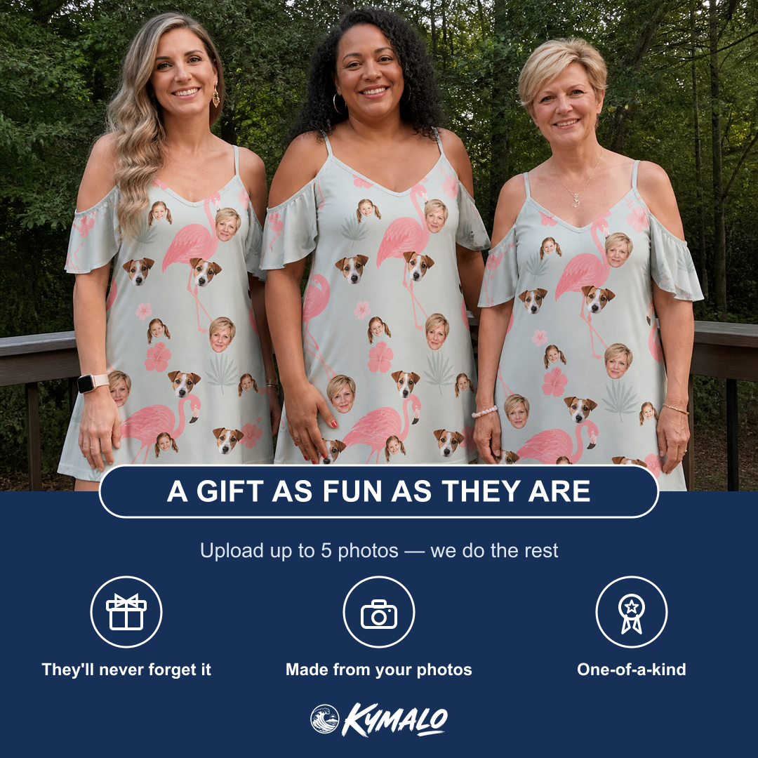 Friends in matching Women's Salmon Soiree Custom Face Off-Shoulder Dress — a group gift photo