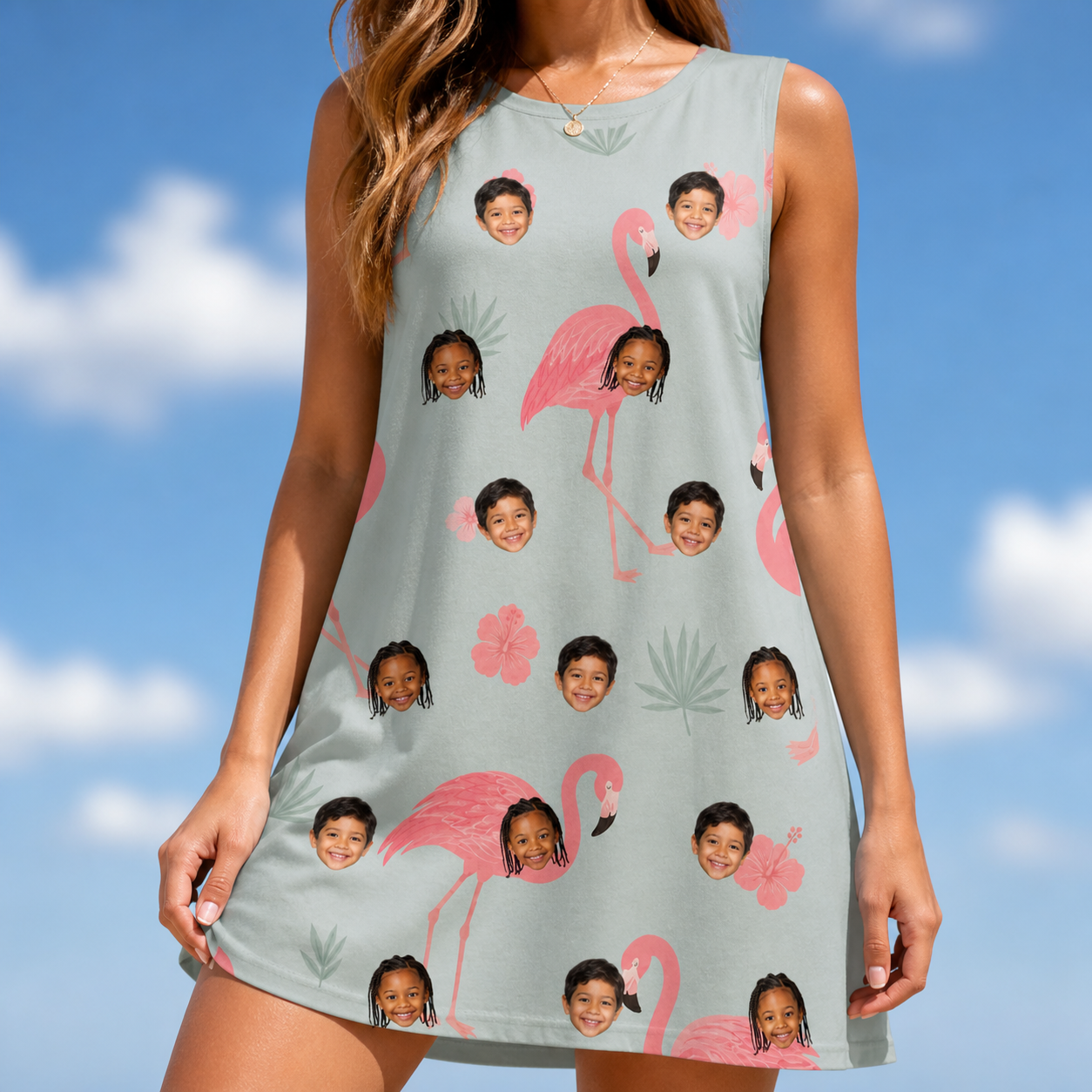 Model wearing Women's Salmon Soiree Custom Face Tank Dress printed with kids' faces