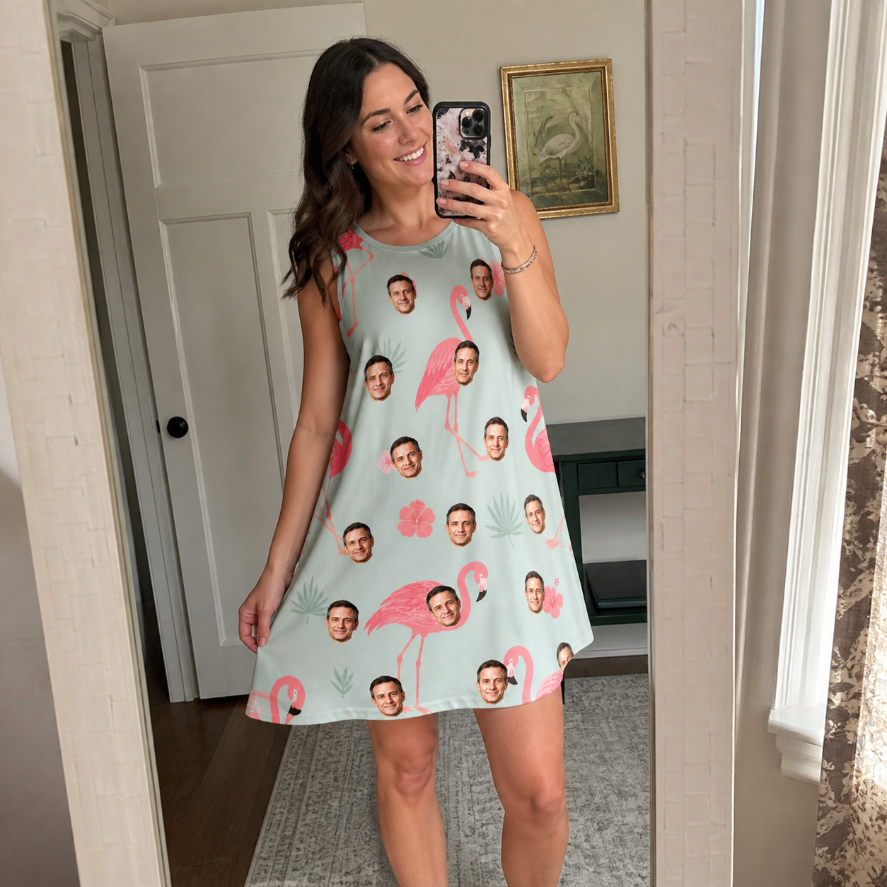 Real-life photo of someone wearing Women's Salmon Soiree Custom Face Tank Dress — custom faces printed all-over