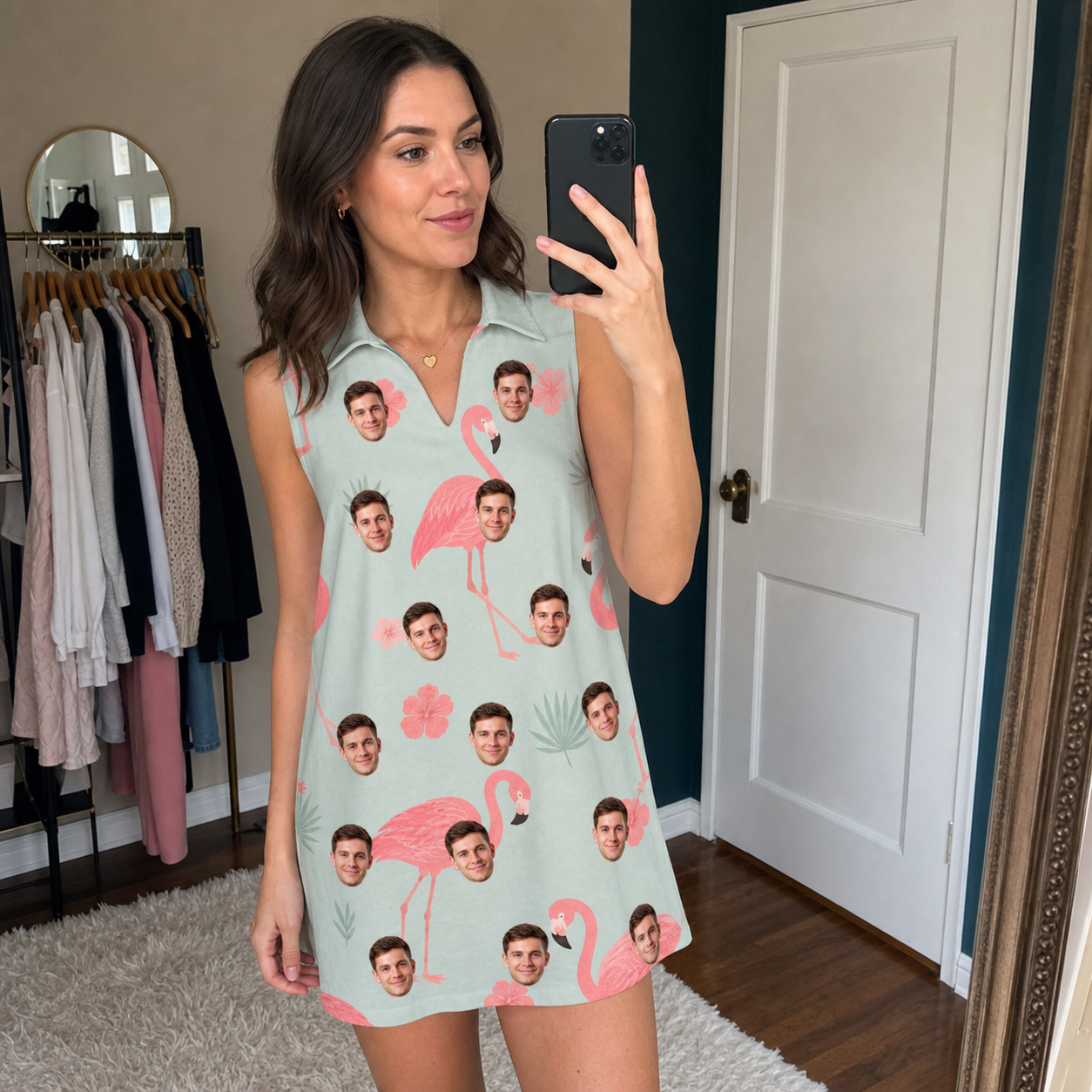 Real-life photo of someone wearing Women's Salmon Soiree Custom Face V-Neck Dress — custom faces printed all-over