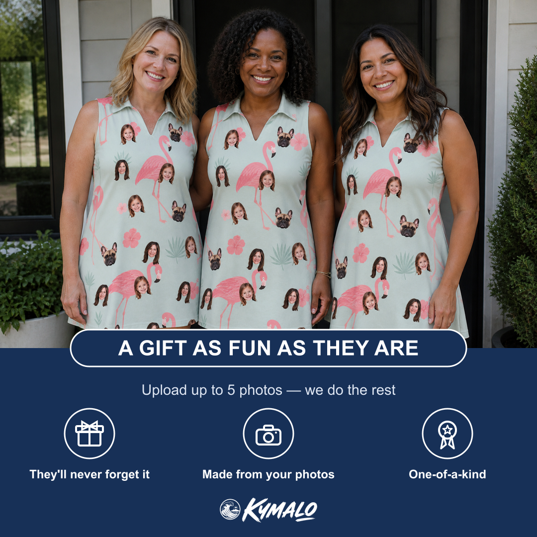 Friends in matching Women's Salmon Soiree Custom Face V-Neck Dress — a group gift photo