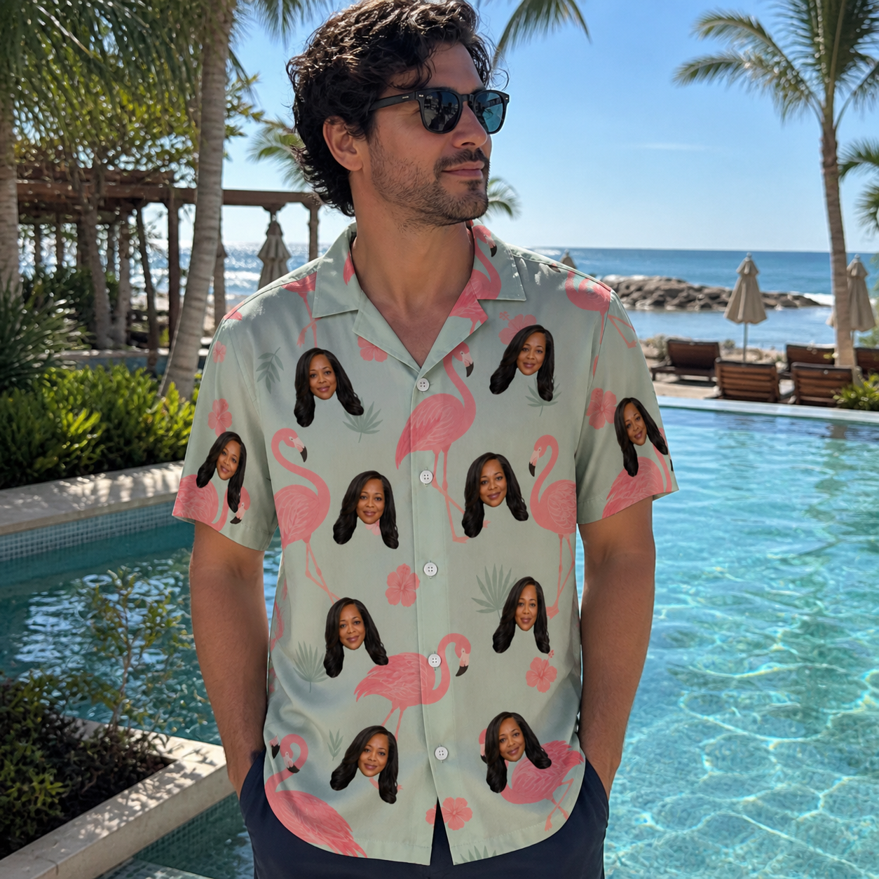 Real-life photo of someone wearing Men's Salmon Soiree Custom Face Hawaiian Shirt — custom faces printed all-over
