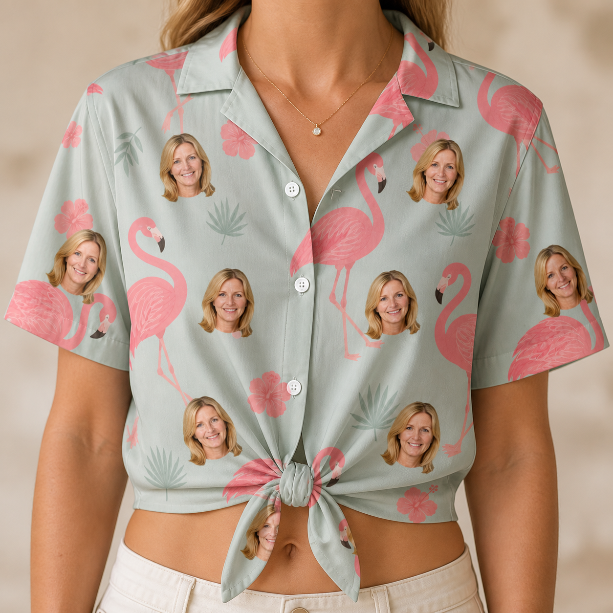 Woman wearing Women's Salmon Soiree Custom Face Hawaiian Shirt tied at the waist