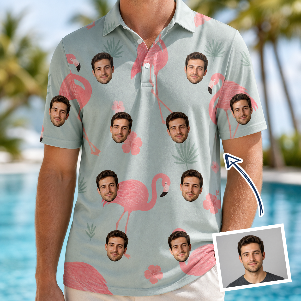 Man wearing Men's Salmon Soiree Custom Face Polo Shirt — custom faces printed all-over