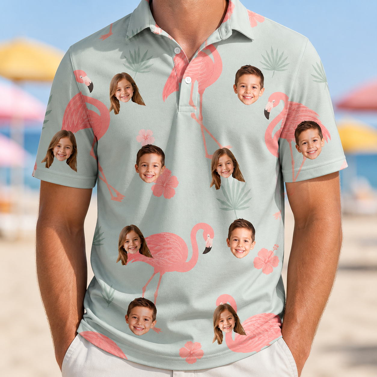 Model wearing Men's Salmon Soiree Custom Face Polo Shirt printed with kids' faces
