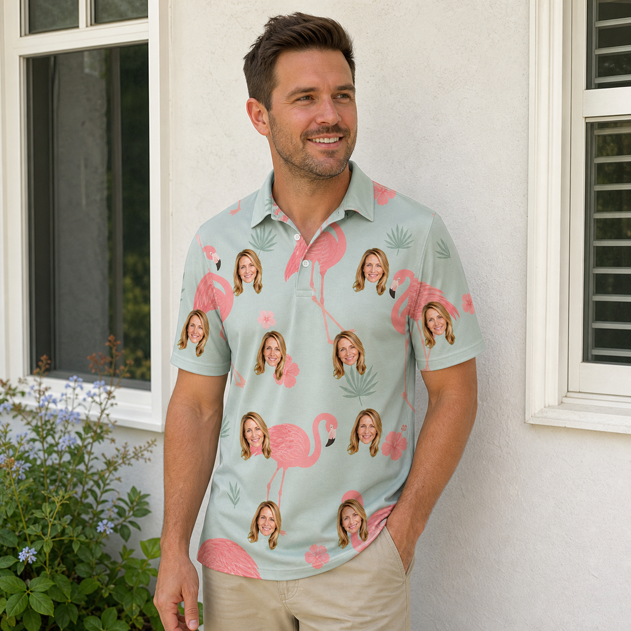Real-life photo of someone wearing Men's Salmon Soiree Custom Face Polo Shirt — custom faces printed all-over