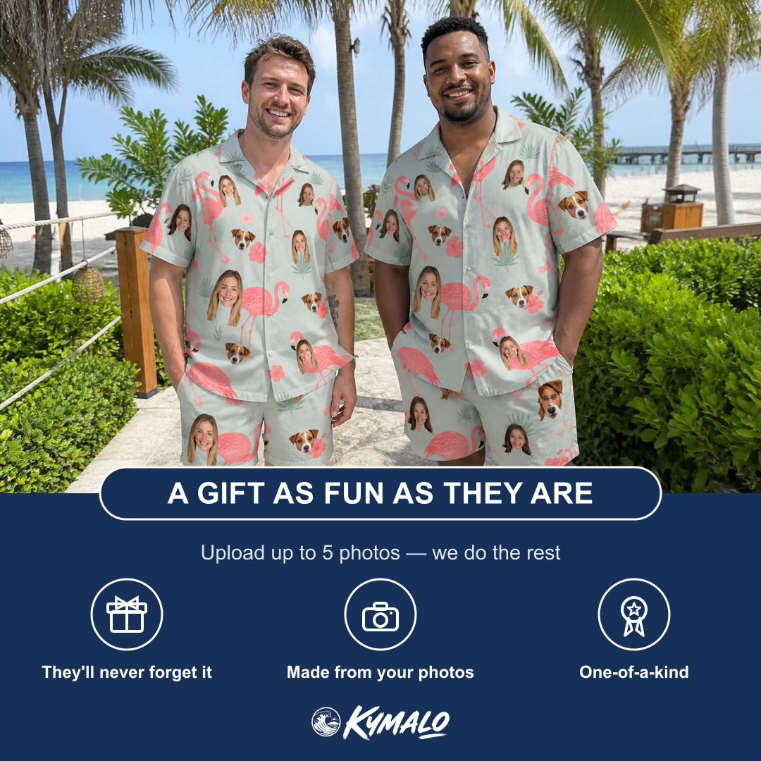 Friends in matching Men's Salmon Soiree Custom Face Shirt & Shorts Set — a group gift photo