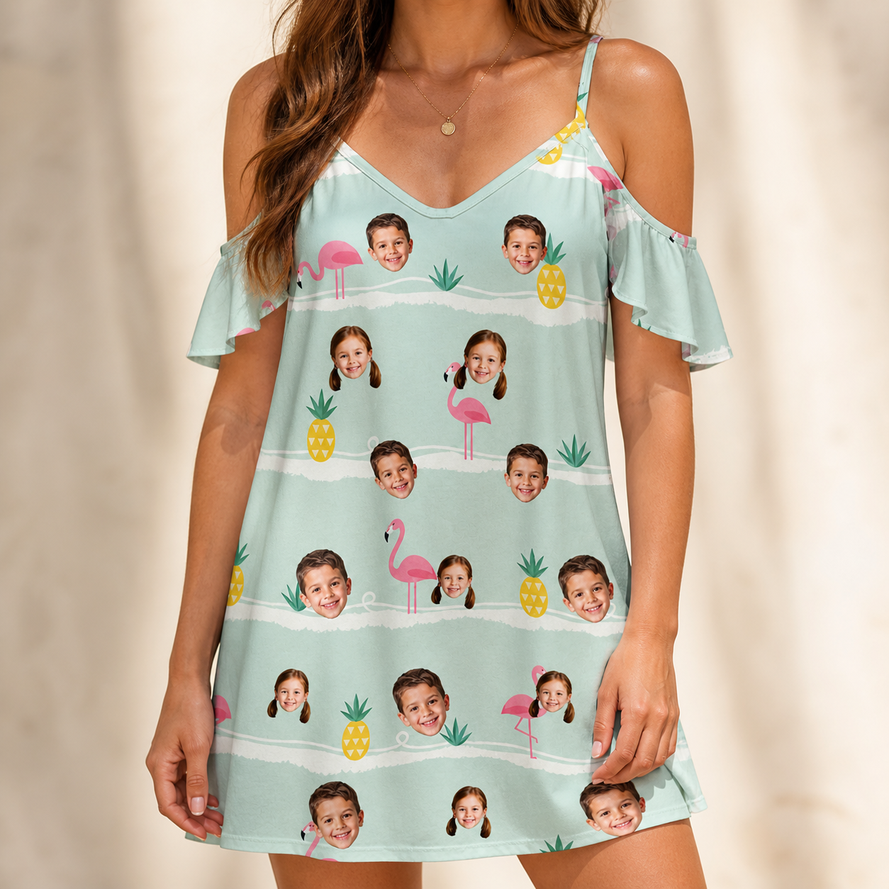 Model wearing Women's Bromeliad Ballet Custom Face Off-Shoulder Dress printed with kids' faces