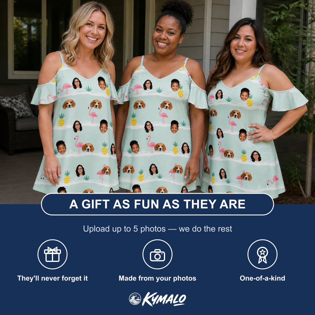 Friends in matching Women's Bromeliad Ballet Custom Face Off-Shoulder Dress — a group gift photo