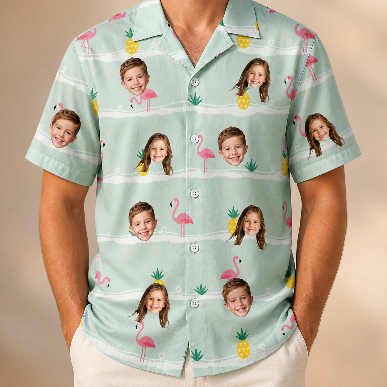 Model wearing Men's Bromeliad Ballet Custom Face Hawaiian Shirt printed with kids' faces
