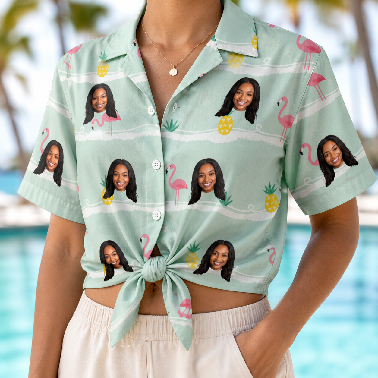 Woman wearing Women's Bromeliad Ballet Custom Face Hawaiian Shirt tied at the waist
