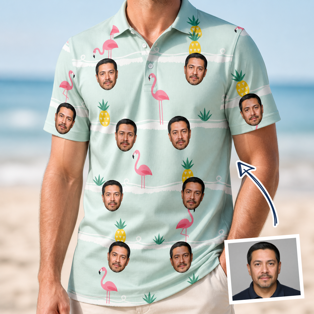 Man wearing Men's Bromeliad Ballet Custom Face Polo Shirt — custom faces printed all-over