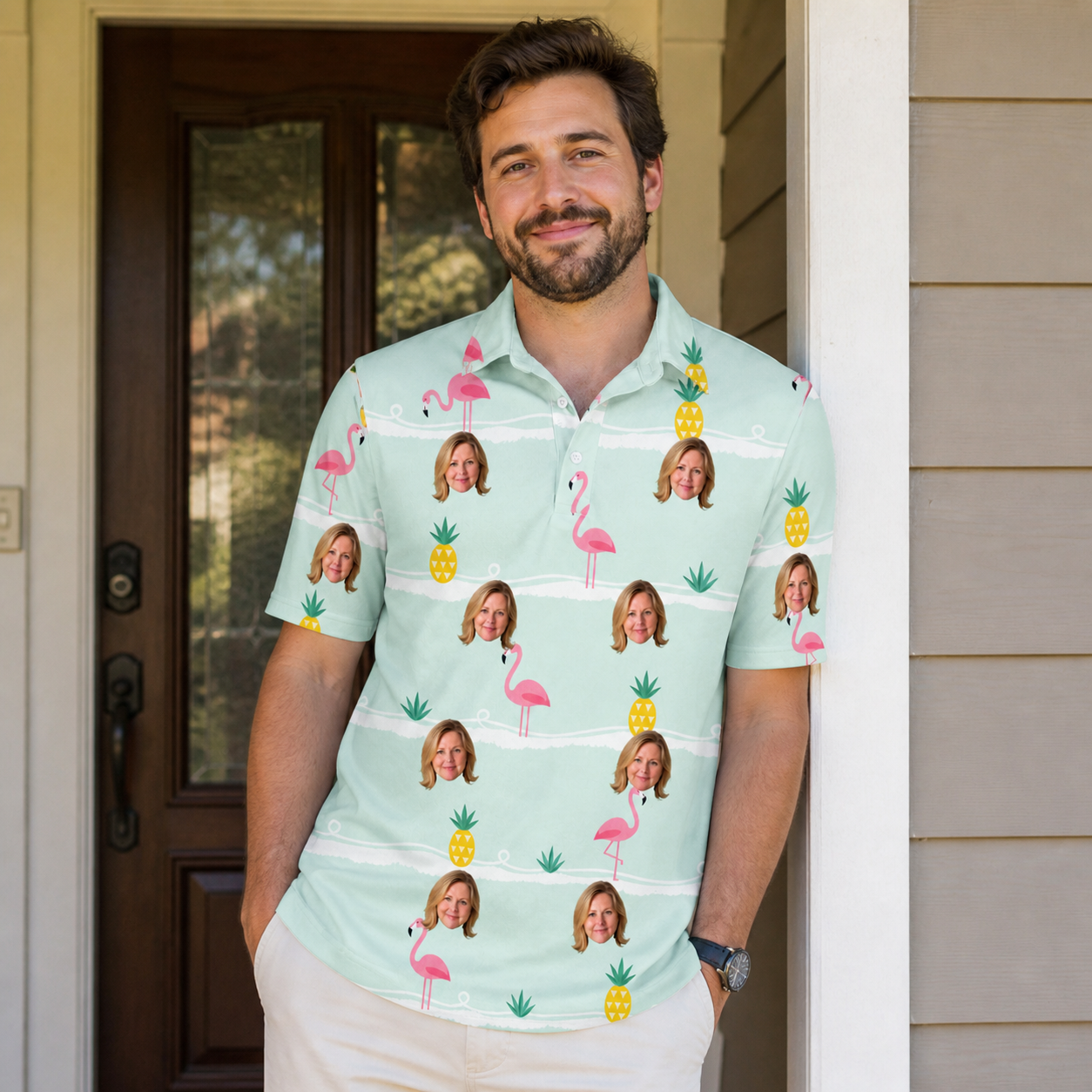 Real-life photo of someone wearing Men's Bromeliad Ballet Custom Face Polo Shirt — custom faces printed all-over