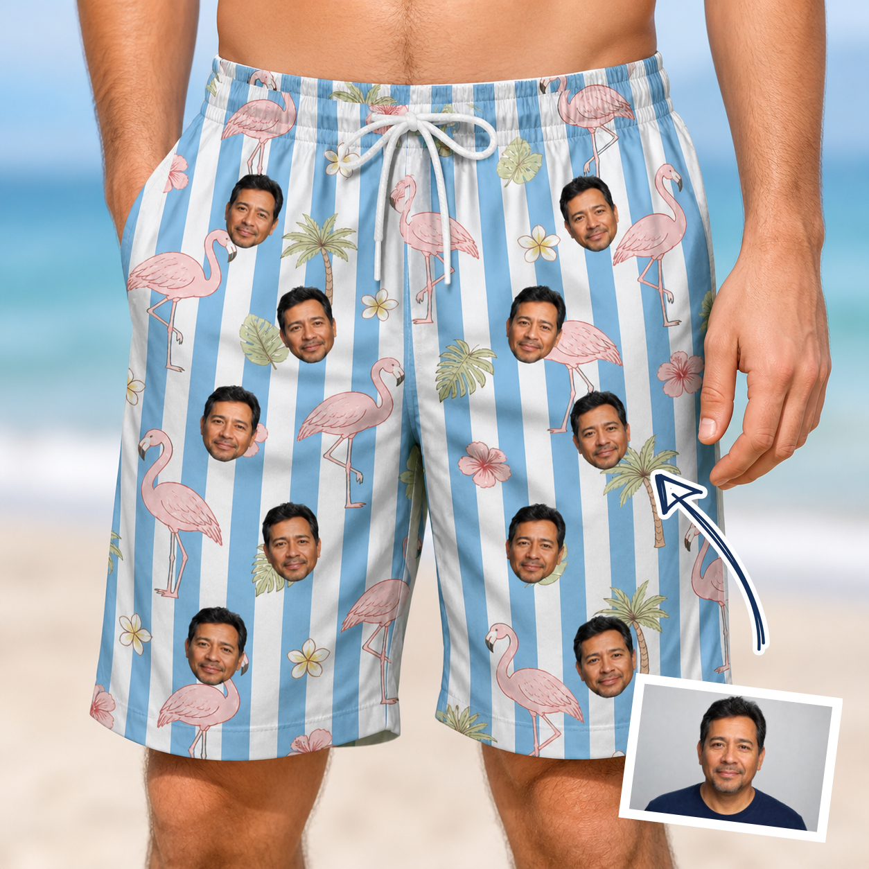 Man wearing Men's Cerise Sashay Custom Face Beach Shorts — custom faces printed all-over