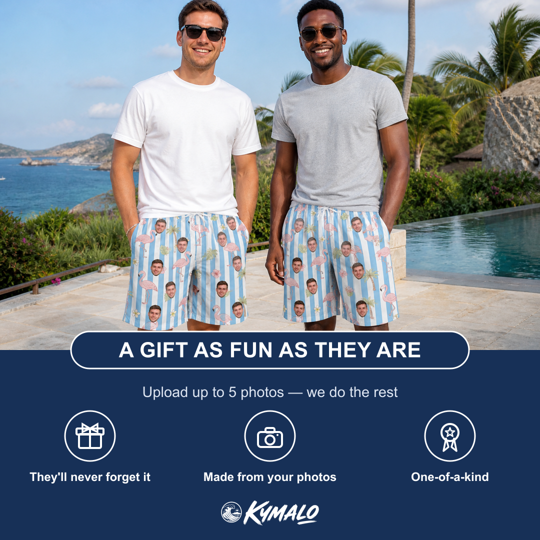 Friends in matching Men's Cerise Sashay Custom Face Beach Shorts — a group gift photo