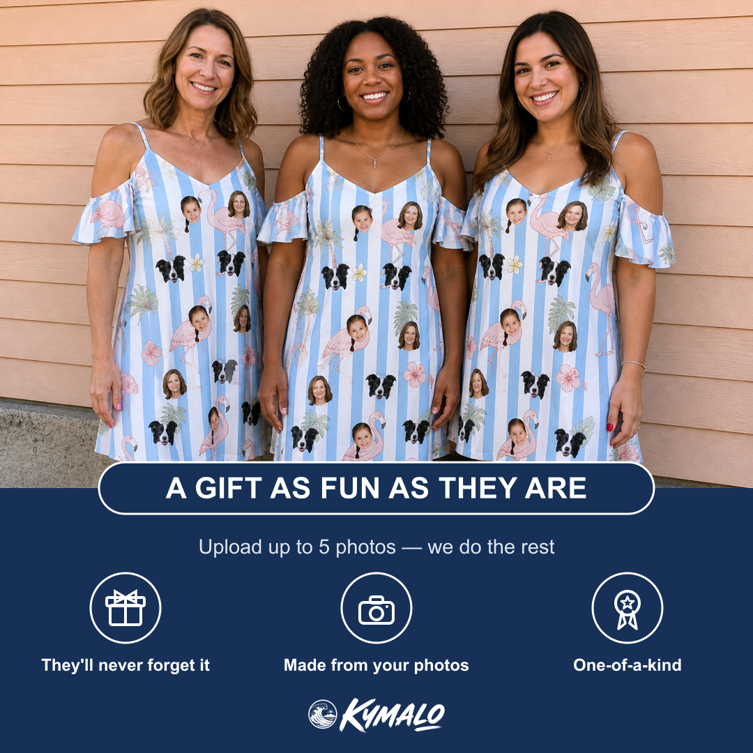 Friends in matching Women's Cerise Sashay Custom Face Off-Shoulder Dress — a group gift photo