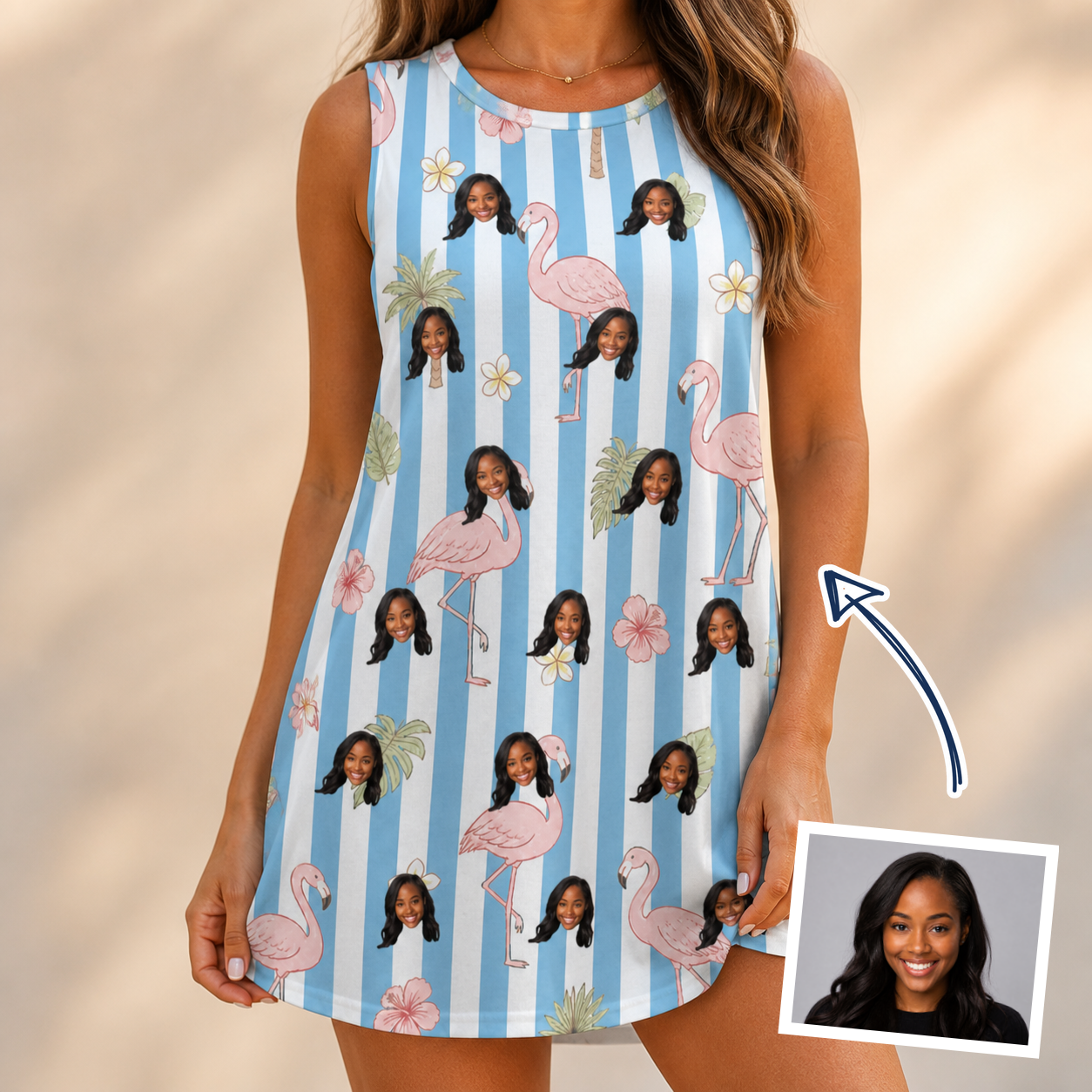 Woman wearing Women's Cerise Sashay Custom Face Tank Dress — custom faces printed all-over