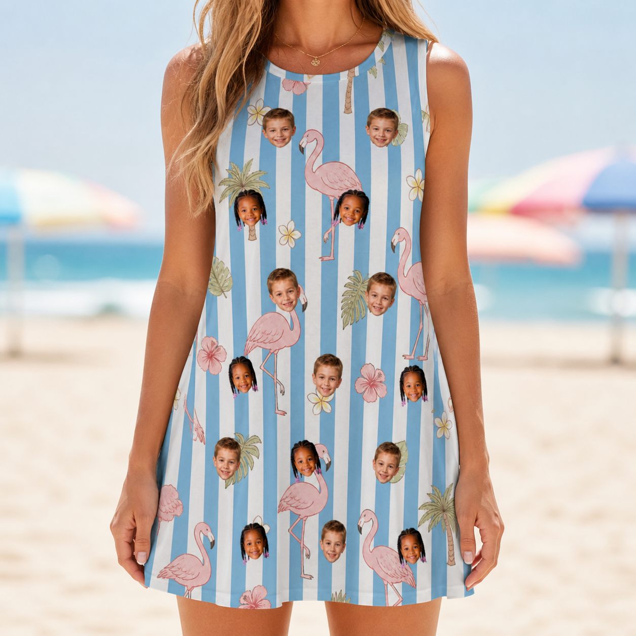 Model wearing Women's Cerise Sashay Custom Face Tank Dress printed with kids' faces