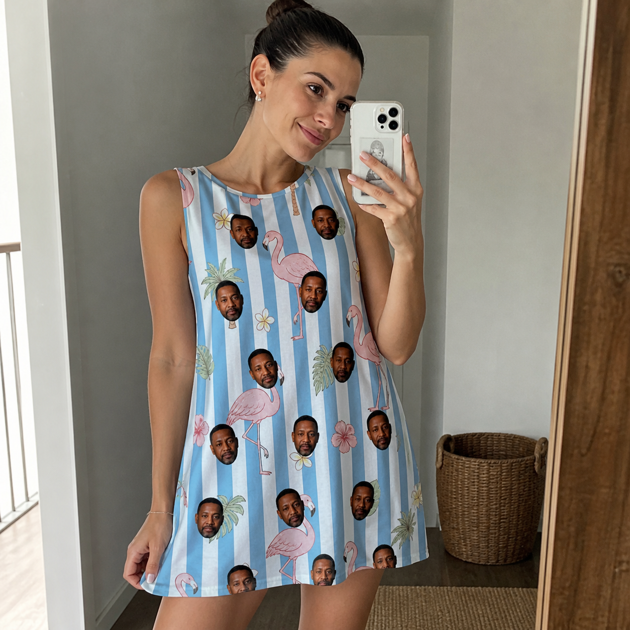 Real-life photo of someone wearing Women's Cerise Sashay Custom Face Tank Dress — custom faces printed all-over