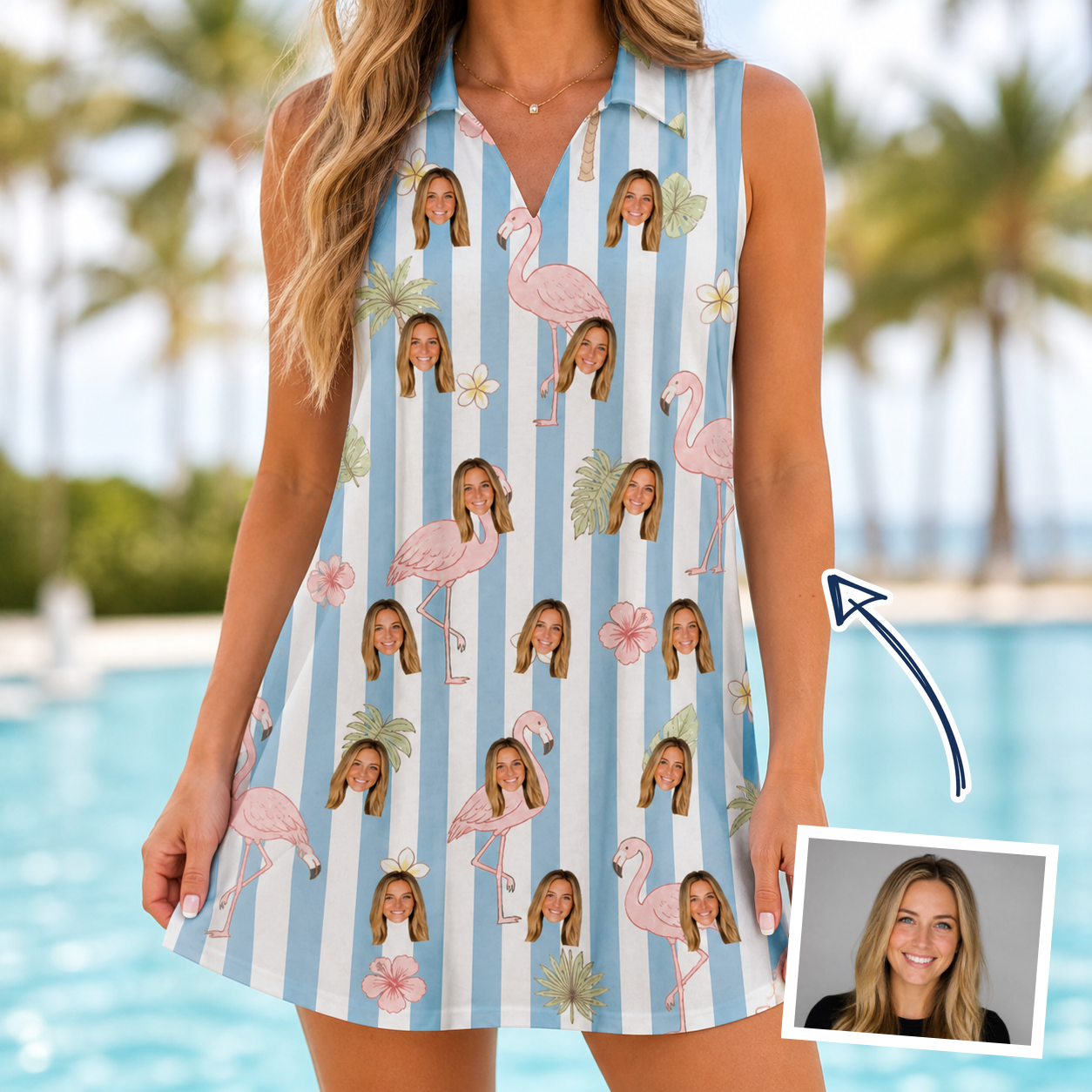 Woman wearing Women's Cerise Sashay Custom Face V-Neck Dress — custom faces printed all-over