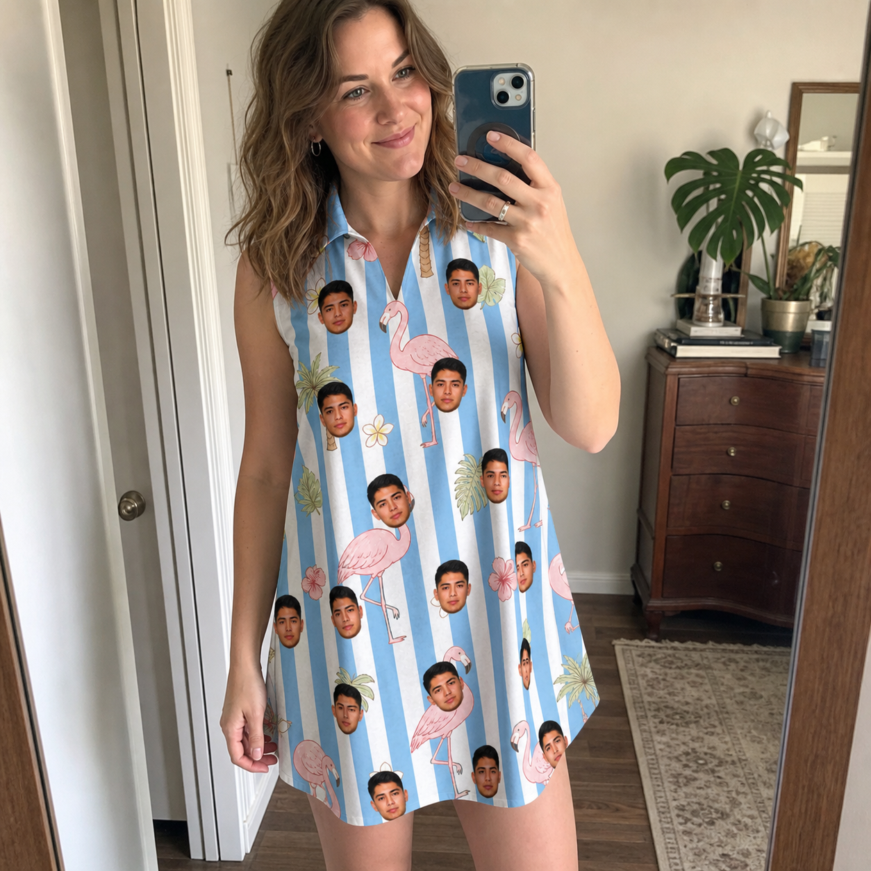 Real-life photo of someone wearing Women's Cerise Sashay Custom Face V-Neck Dress — custom faces printed all-over