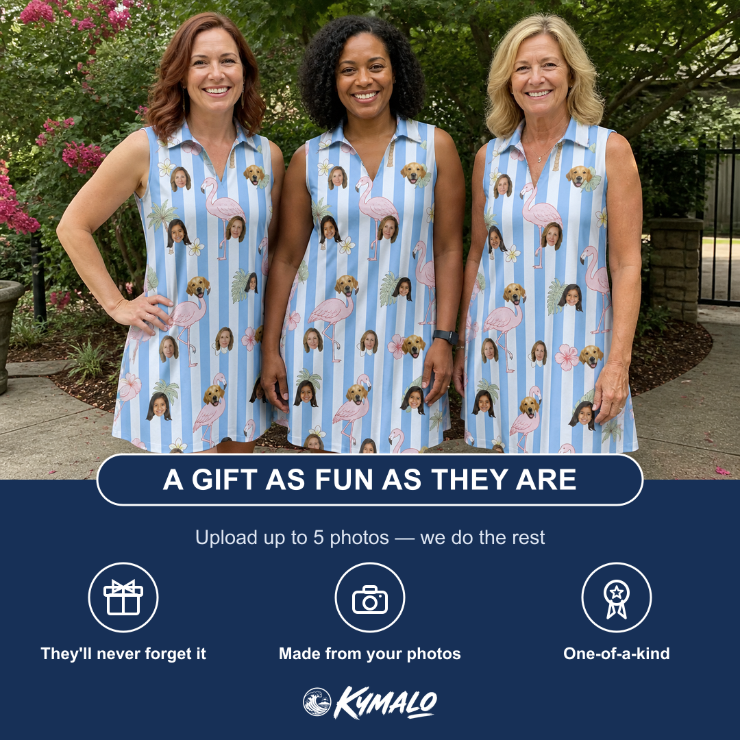 Friends in matching Women's Cerise Sashay Custom Face V-Neck Dress — a group gift photo