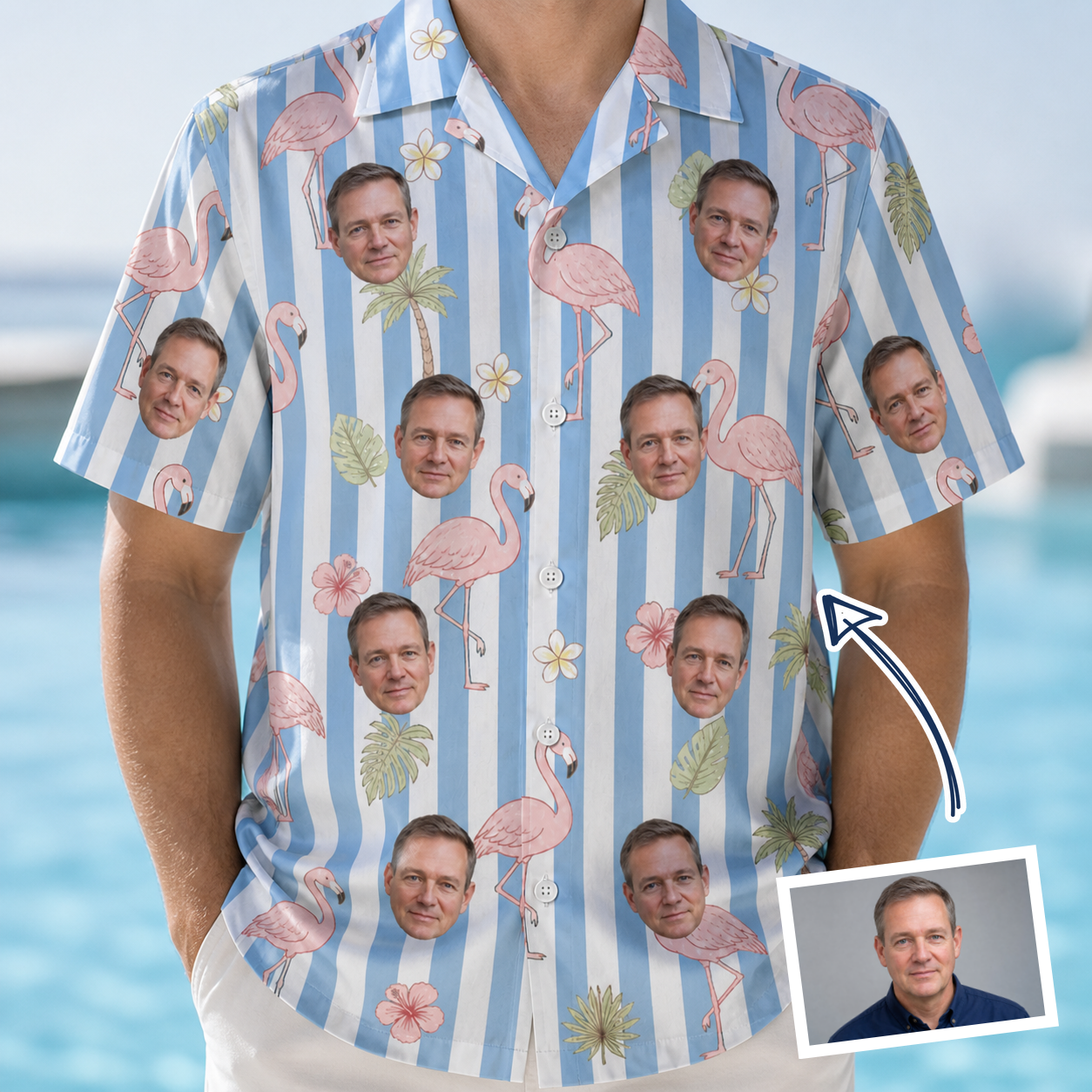 Man wearing Men's Cerise Sashay Custom Face Hawaiian Shirt — custom faces printed all-over