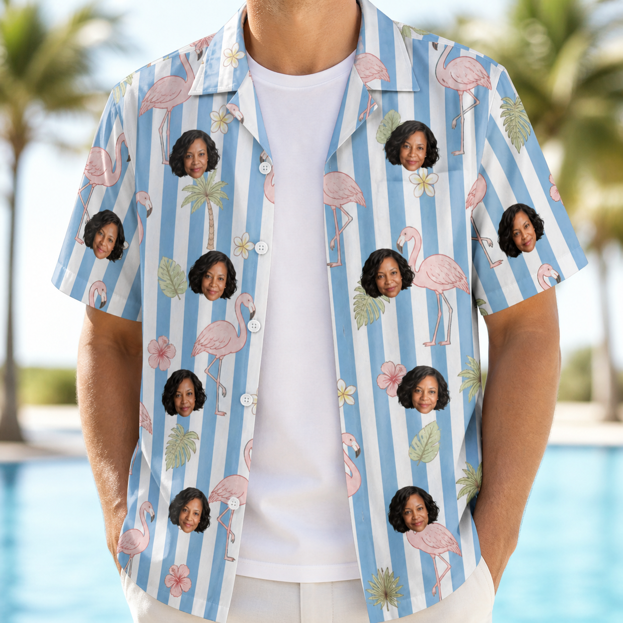 Man wearing Men's Cerise Sashay Custom Face Hawaiian Shirt open over a white tee