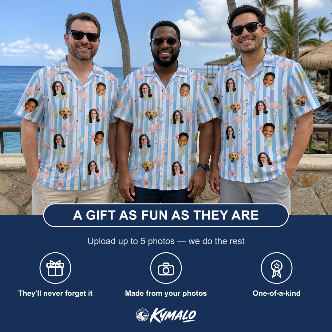 Friends in matching Men's Cerise Sashay Custom Face Hawaiian Shirt — a group gift photo