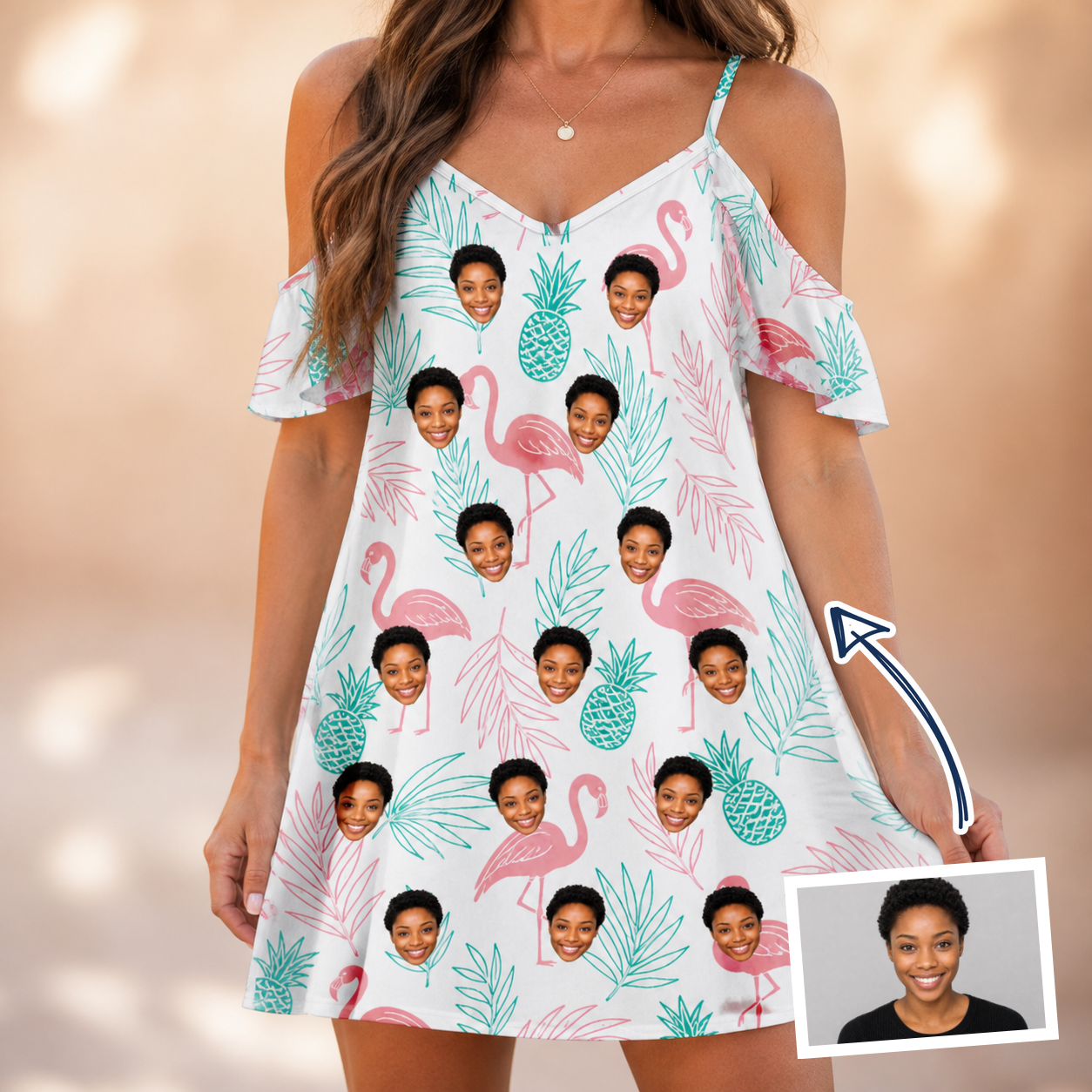 Woman wearing Women's Long-Legged Luau Custom Face Off-Shoulder Dress — custom faces printed all-over
