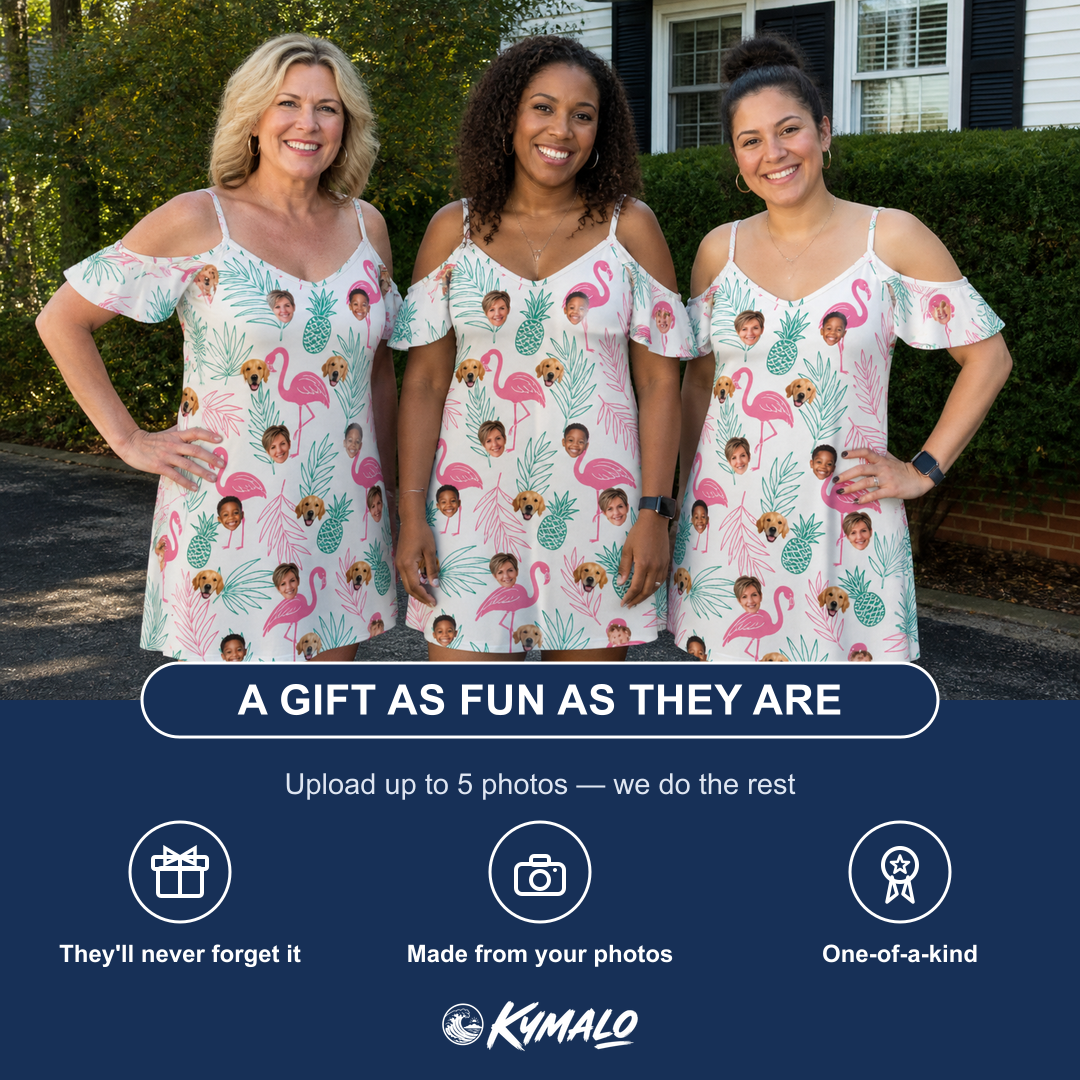 Friends in matching Women's Long-Legged Luau Custom Face Off-Shoulder Dress — a group gift photo
