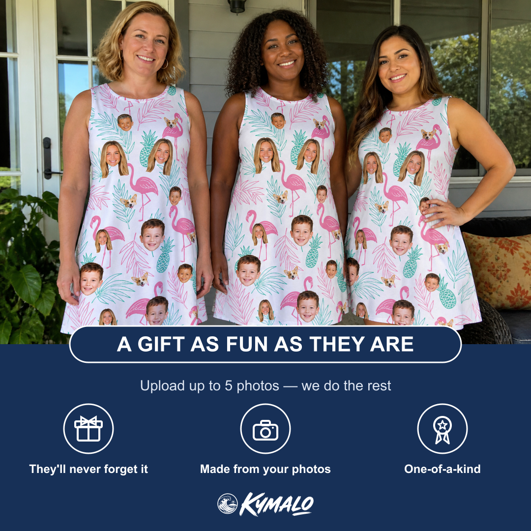 Friends in matching Women's Long-Legged Luau Custom Face Tank Dress — a group gift photo