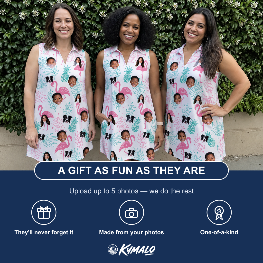 Friends in matching Women's Long-Legged Luau Custom Face V-Neck Dress — a group gift photo