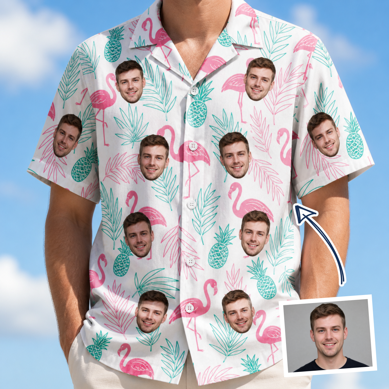 Man wearing Men's Long-Legged Luau Custom Face Hawaiian Shirt — custom faces printed all-over