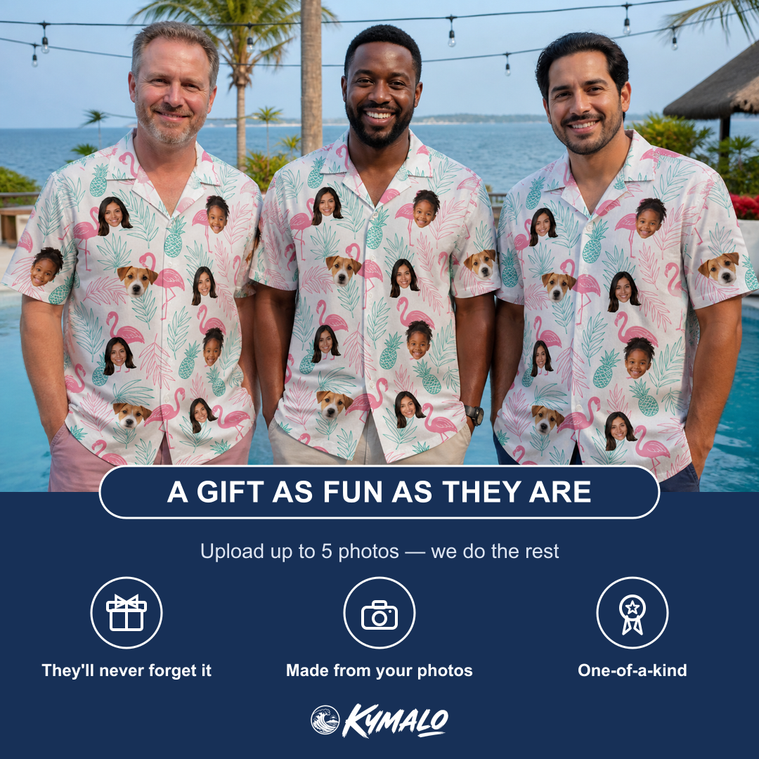 Friends in matching Men's Long-Legged Luau Custom Face Hawaiian Shirt — a group gift photo