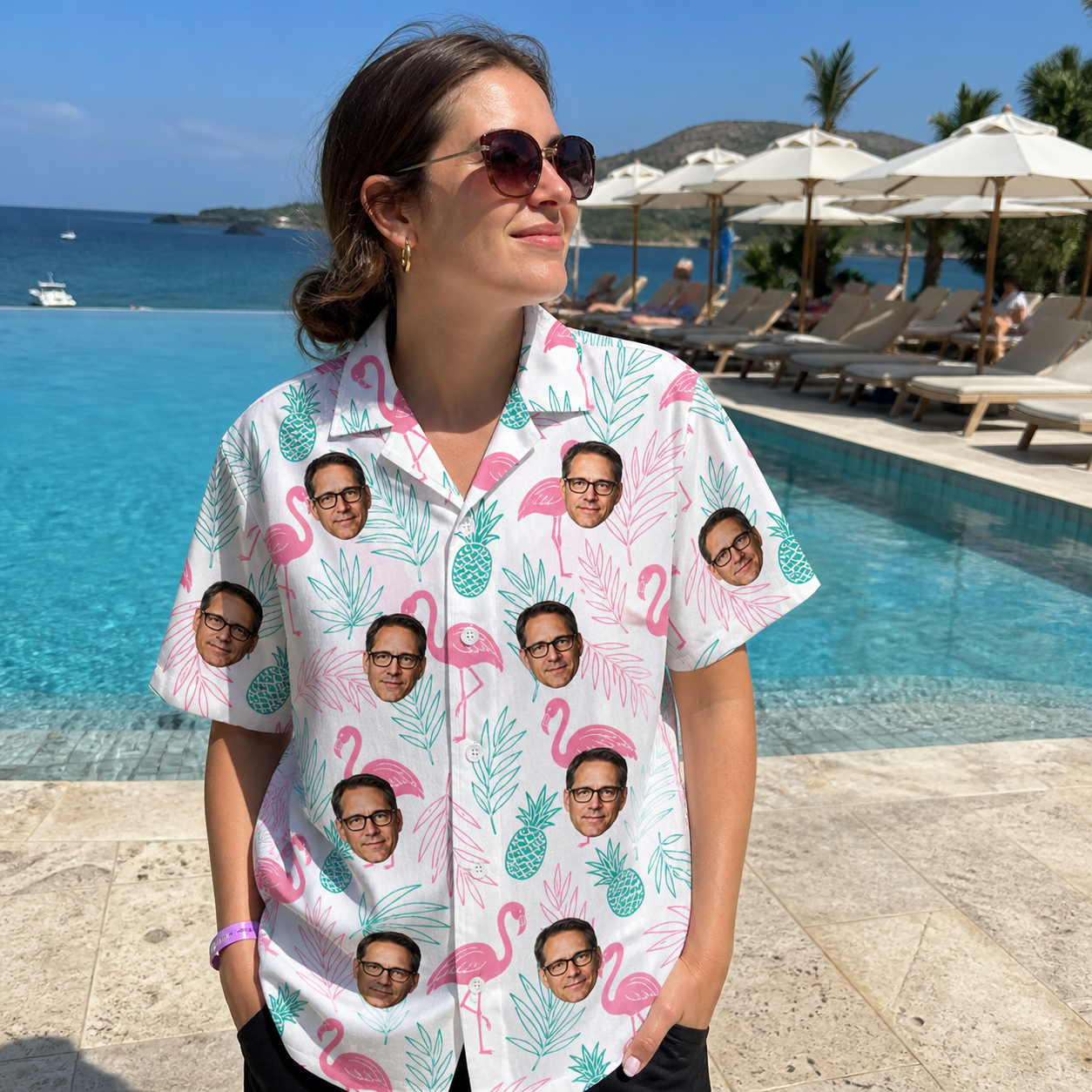 Real-life photo of someone wearing Women's Long-Legged Luau Custom Face Hawaiian Shirt — custom faces printed all-over