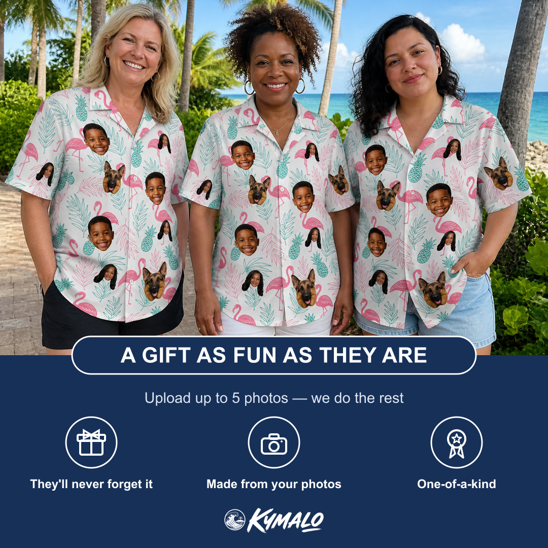Friends in matching Women's Long-Legged Luau Custom Face Hawaiian Shirt — a group gift photo