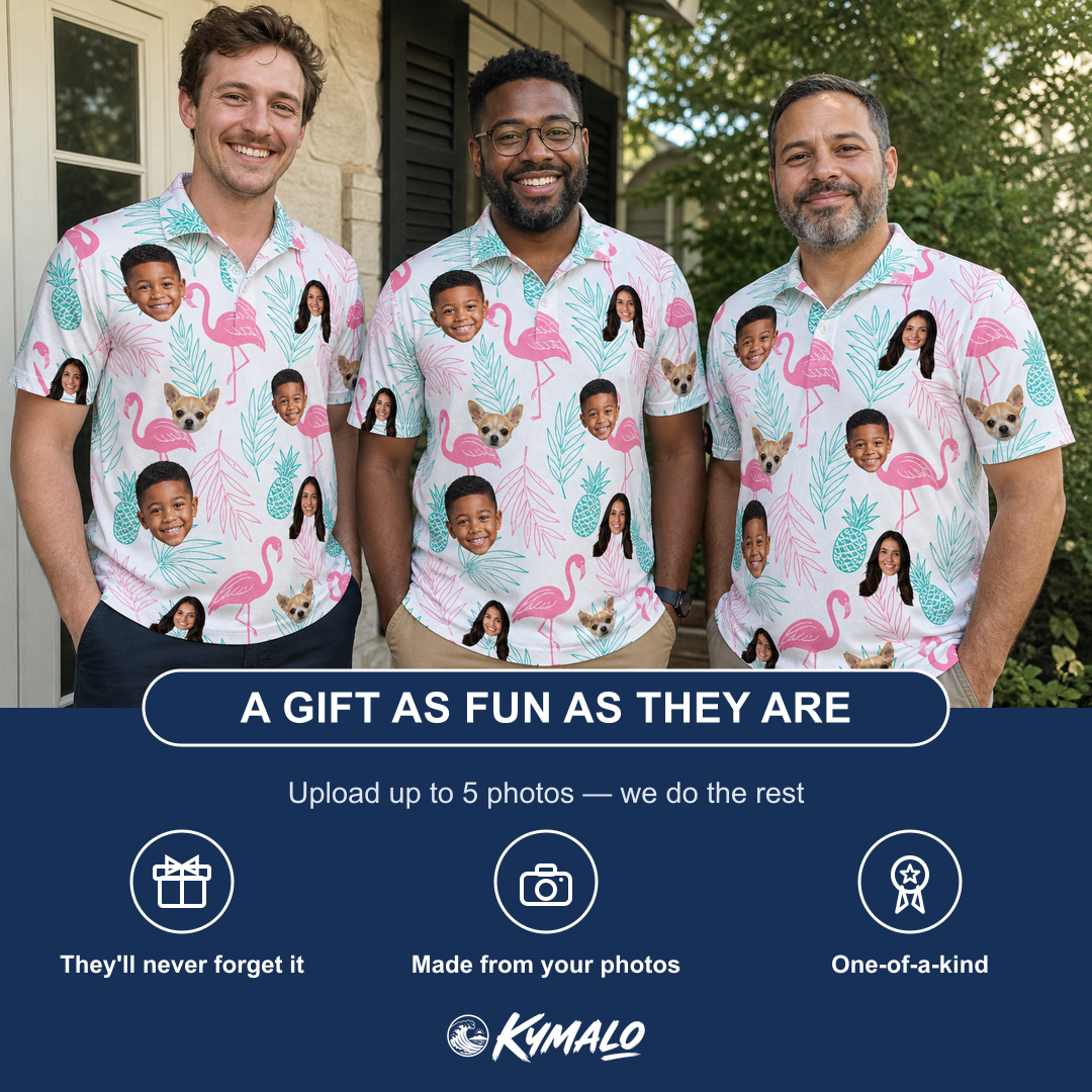 Friends in matching Men's Long-Legged Luau Custom Face Polo Shirt — a group gift photo