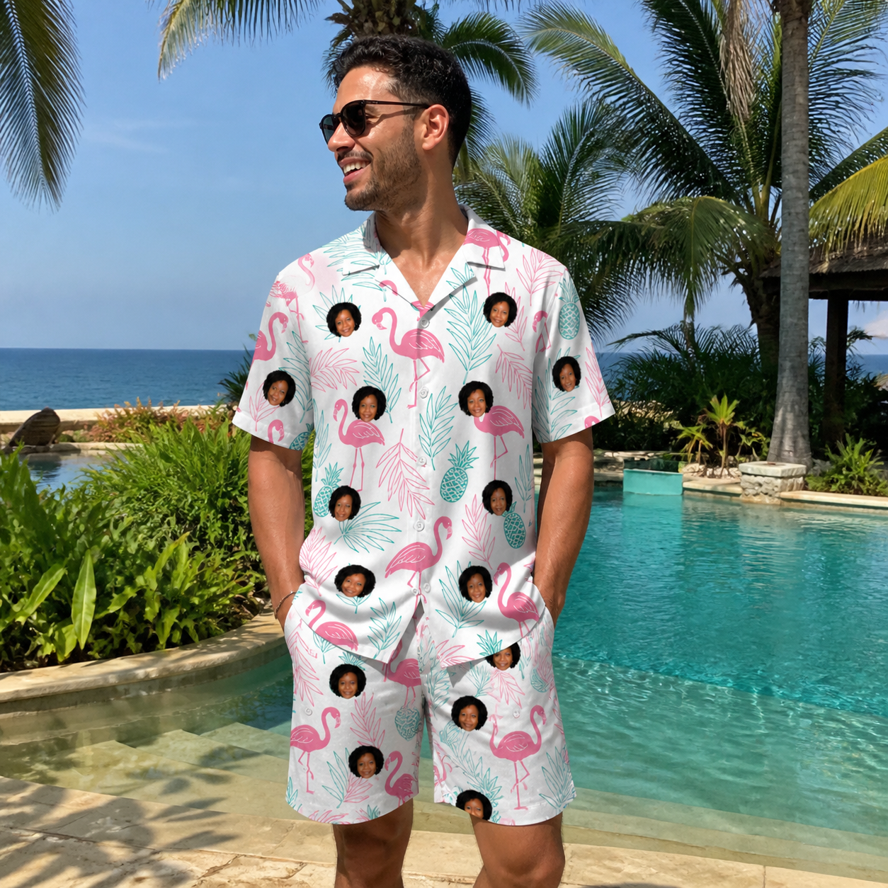 Real-life photo of someone wearing Men's Long-Legged Luau Custom Face Shirt & Shorts Set — custom faces printed all-over