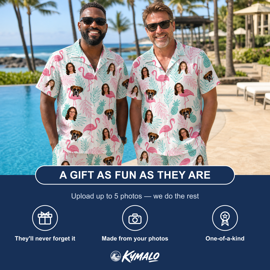 Friends in matching Men's Long-Legged Luau Custom Face Shirt & Shorts Set — a group gift photo