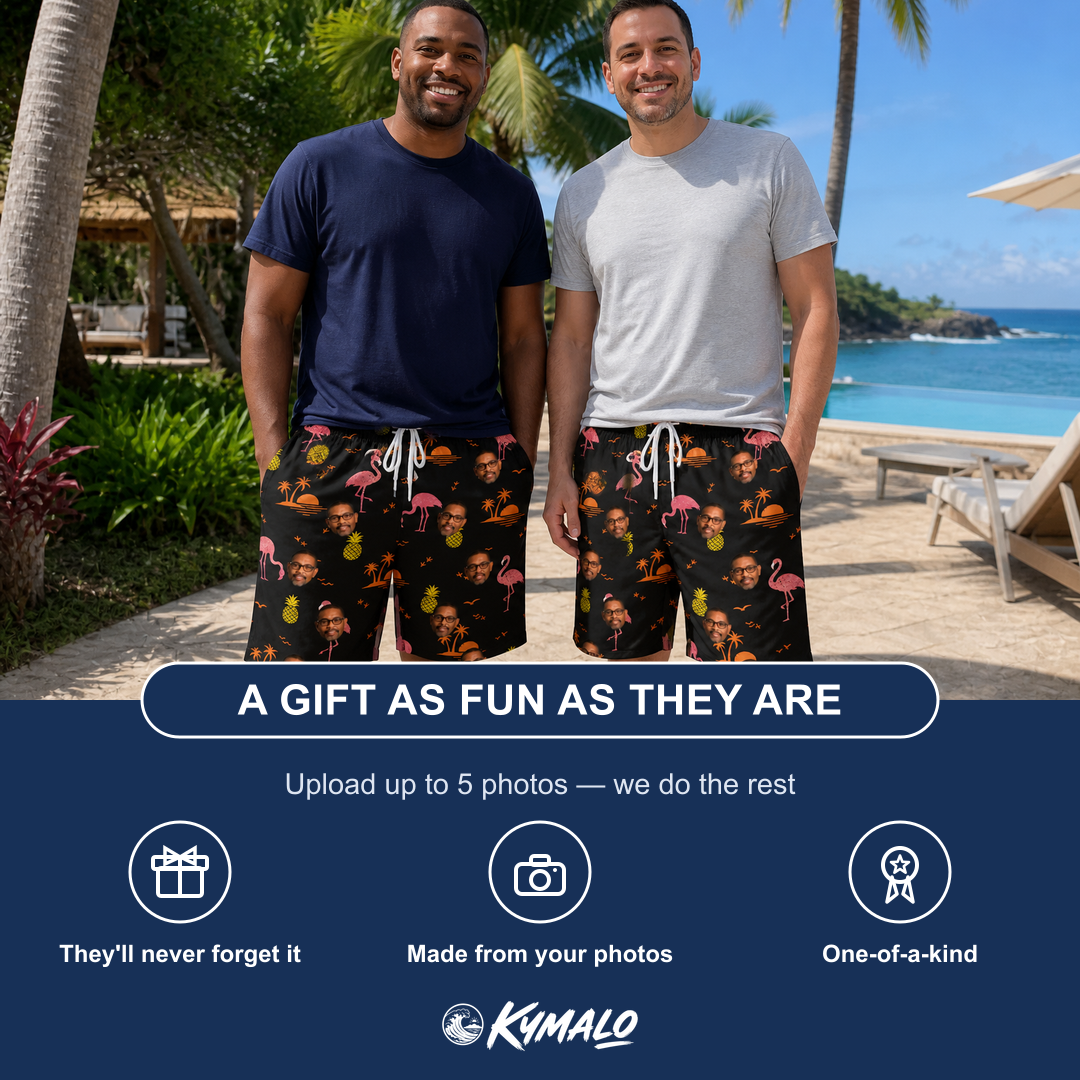 Friends in matching Men's Flocktail Hour Custom Face Beach Shorts — a group gift photo