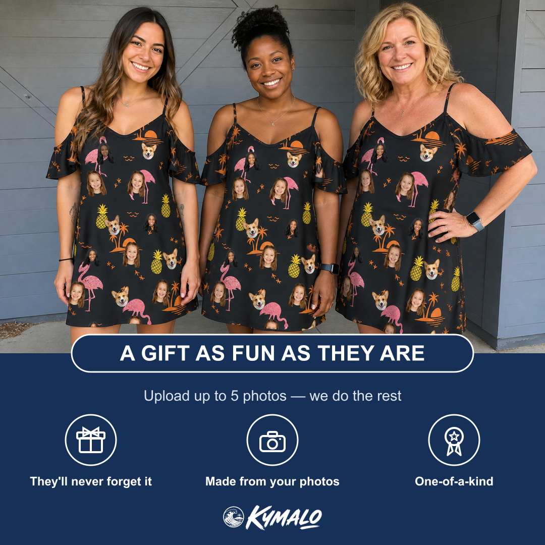 Friends in matching Women's Flocktail Hour Custom Face Off-Shoulder Dress — a group gift photo