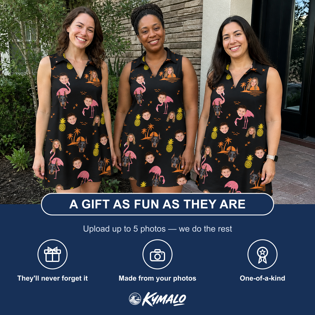 Friends in matching Women's Flocktail Hour Custom Face V-Neck Dress — a group gift photo
