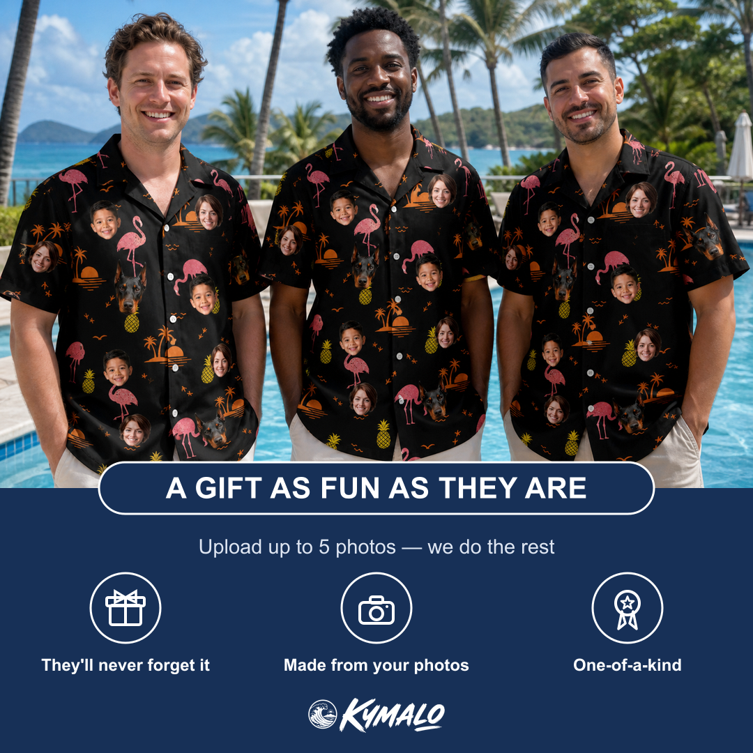 Friends in matching Men's Flocktail Hour Custom Face Hawaiian Shirt — a group gift photo