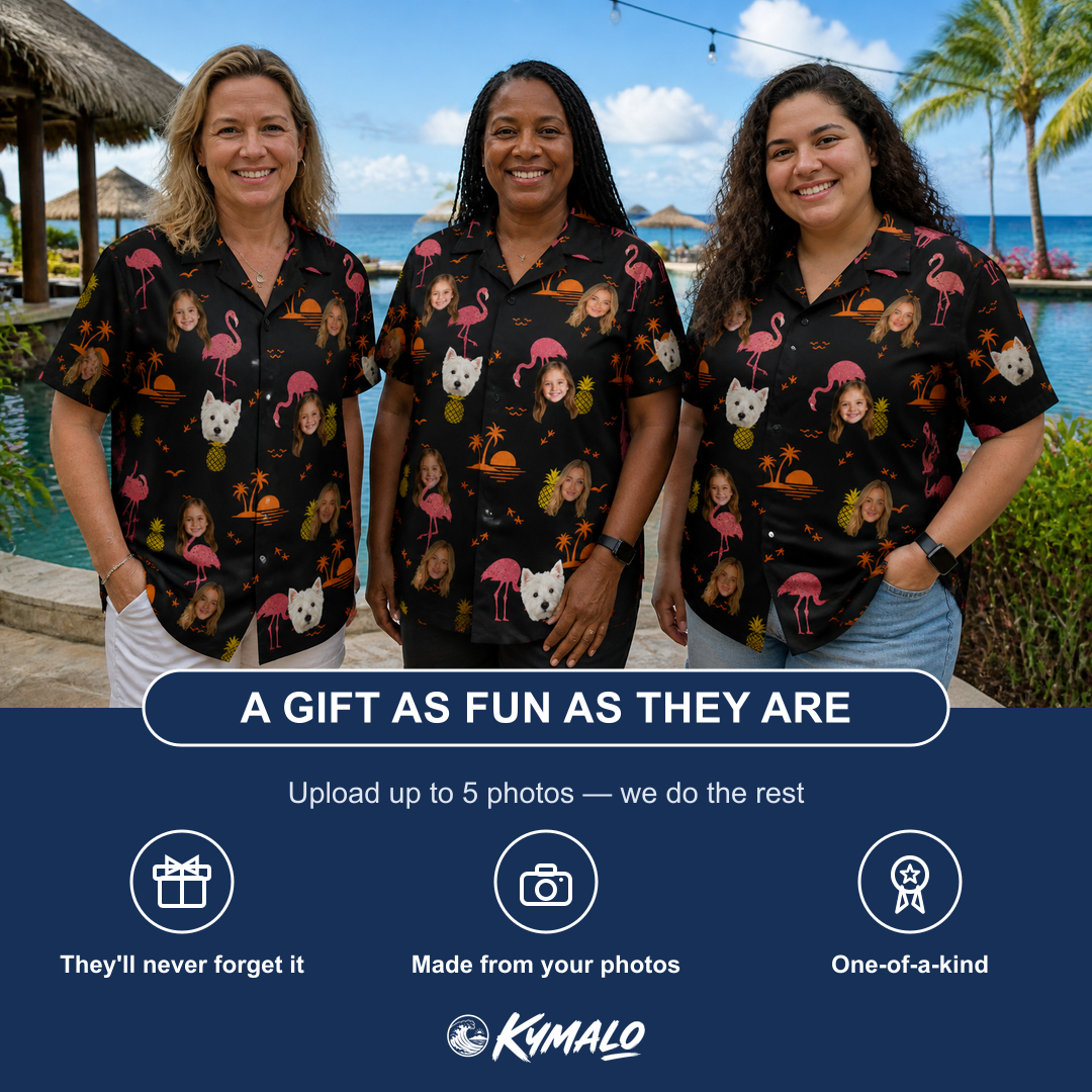 Friends in matching Women's Flocktail Hour Custom Face Hawaiian Shirt — a group gift photo